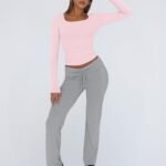 Trendy Queen Womens Long Sleeve Shirts Crop Tops Fall Fashion Solid Square Neck Going Out Basics Tees Y2k Clothes