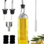 17oz Olive Oil Dispenser Bottle, 500ml Oil & Vinegar Cruet with 2 Stainless Steel Pourers, 2 Labels,1 Brush and 1 Funnel for Kitchen
