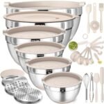 Mixing Bowls with Airtight Lids Set, 26PCS Stainless Steel Khaki Bowls with Grater Attachments, Non-Slip Bottoms & Kitchen Gadgets Set, Size 7, 4, 2.5, 2.0,1.5, 1QT, Great for Mixing & Serving